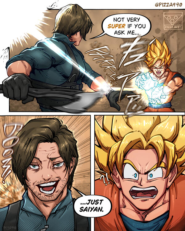 Leon parries Goku's kamehameha (Resident Evil meme)